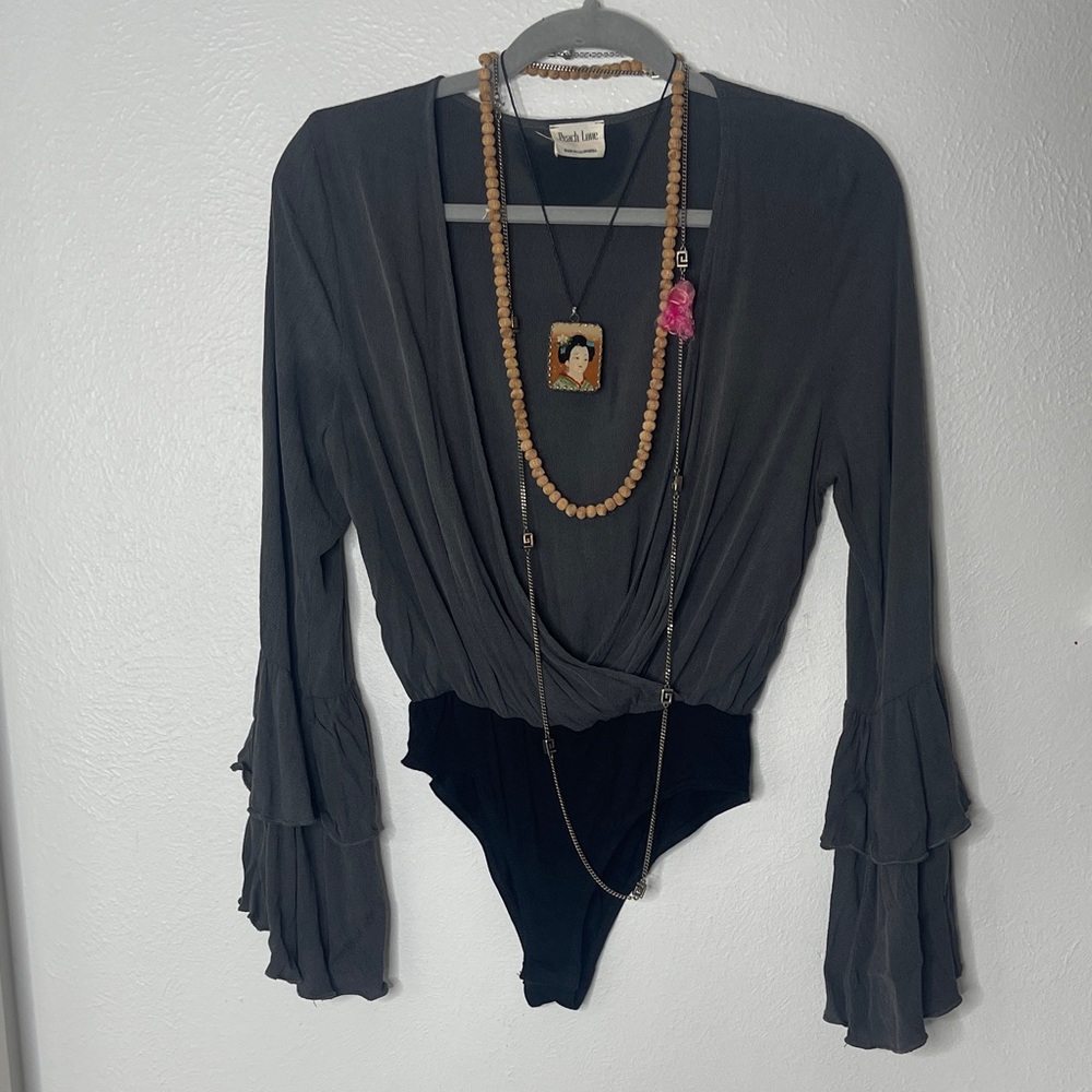 Peach Love California Gray and Black Ruffle Bodysuit